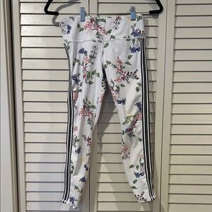 Athleta White Floral Leggings with Black Side Stripes Size XS